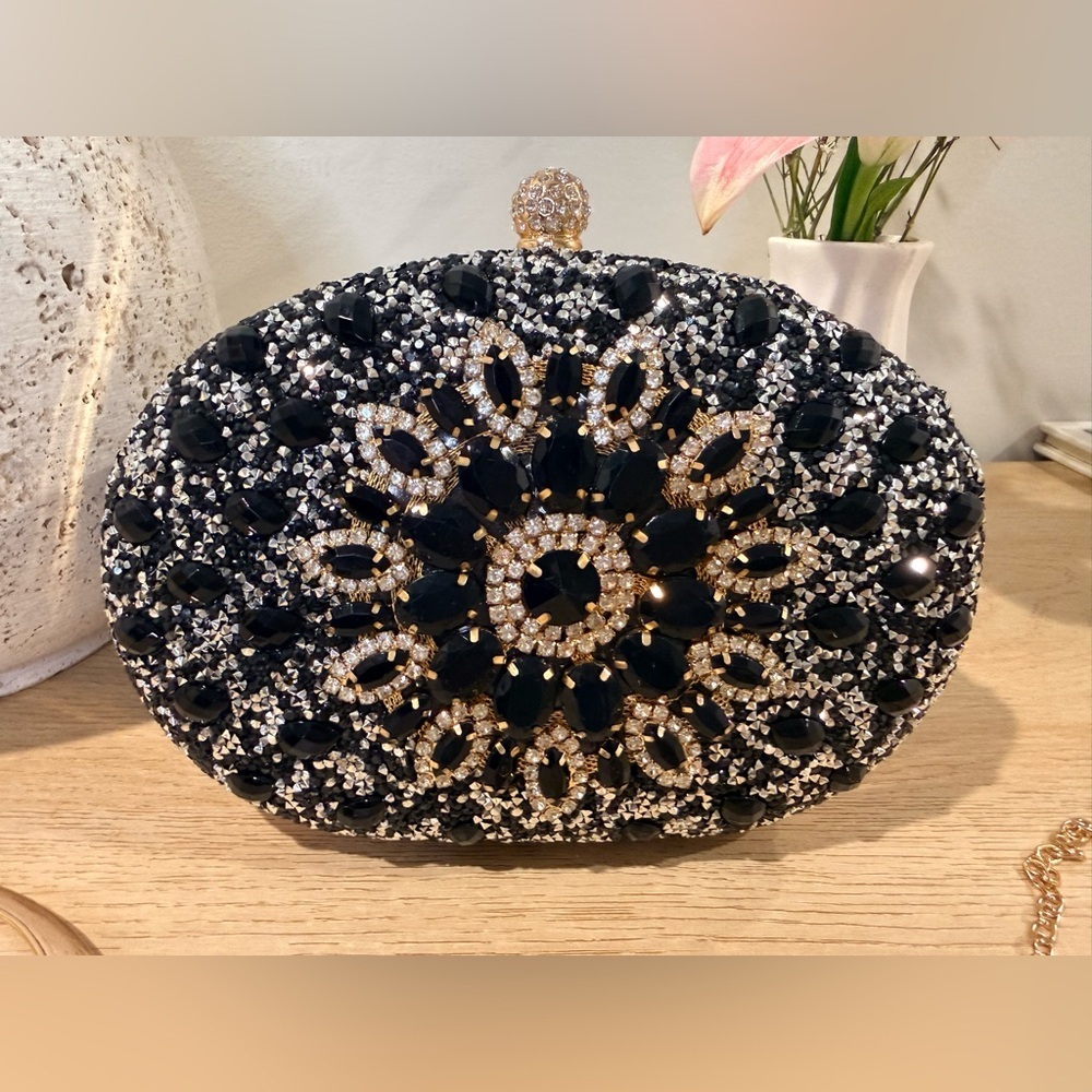 Ramla Quiet Luxury Embellished Evening Clutch Black/Gold NWT